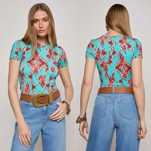 L'AGENCE Ressi Fitted Tee Women XS Pool Blue Multi Ganado Shirt Southwestern NEW